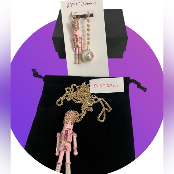 Betsey Johnson Pink Nutcracker & Ball Rhinestone Pendant Necklace & Earrings set - Picture 3 of 16
